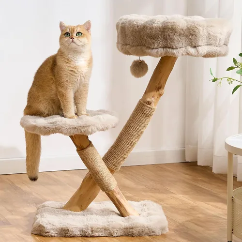 Vista 13 de Árbol para gatos de madera natural para gatos adultos de interior, torre de gatos moderna de 33 pulgadas con cama de felpa súper suave y percha