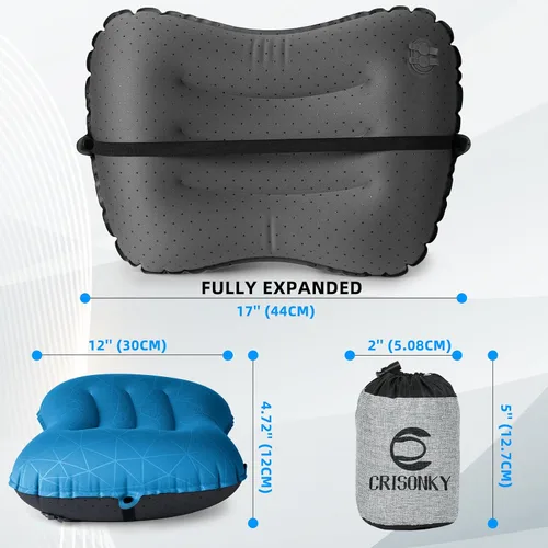 Vista 15 de Crisonky Almohada de camping – Almohada inflable – Almohadas de viaje para mochilero y avión, soporte lumbar 2.0 almohadas inflables, ultraligeras