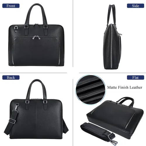 Vista 4 de Masa Kawa Maletín delgado de cuero negro para hombres y mujeres, se adapta a portátiles de 15.6 a 16 pulgadas, bolsa cruzada profesional
