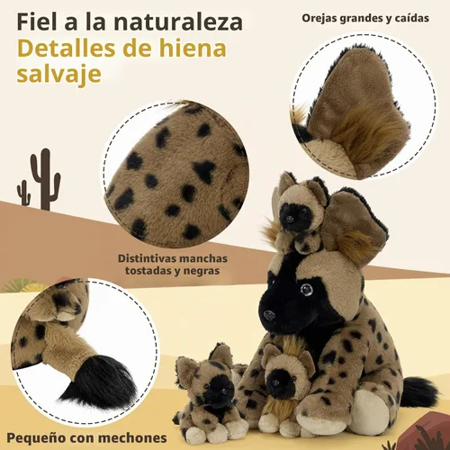Vista 7 de MorisMos 4 piezas de animales salvajes africanos de peluche, mamá de 18 pulgadas con 3 cachorros de bebé, juguetes de peluche suaves y esponjosos