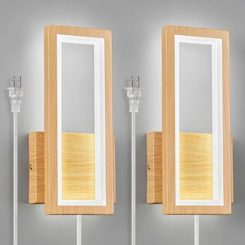 Vista 8 de Apliques de pared modernos de color madera enchufables de 18 W, lámpara de pared LED simple para interiores, 6000 K, luces de pared rectangulares