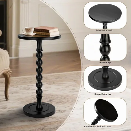 Vista 5 de Mesa auxiliar redonda para espacios pequeños, mesa de bebidas con pedestal de madera de roble, mesa auxiliar moderna para sala de estar, dormitorio