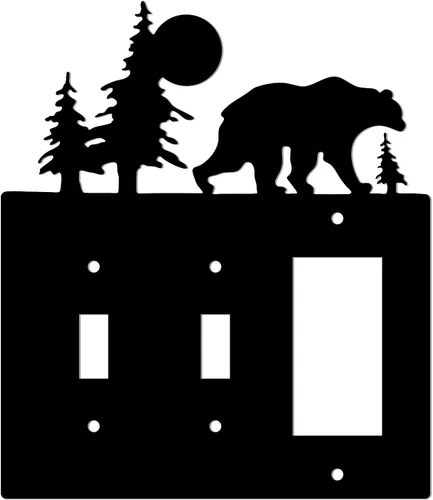 Vista 13 de Eagle & Bear - Placa de pared con interruptor de luz, doble dúplex, habitación de cabaña negra Cubiertas decorativas de metal para enchufe, se