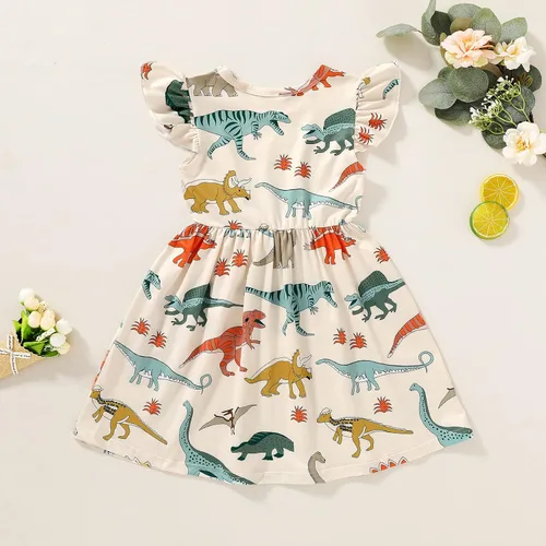 Vista 3 de HAPPYMA Vestido de verano para niña pequeña, vestido de dinosaurio con mangas con vuelo, trajes para bebé, vestido de verano, faldas