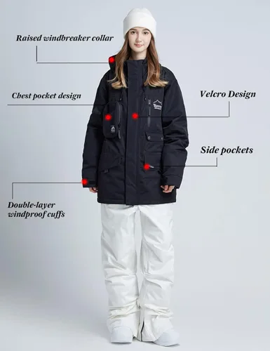 Vista 4 de Chaqueta de esquí impermeable para mujer, abrigo de nieve cálido de invierno, chaqueta de snowboard con capucha