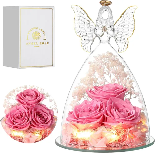 Vista 10 de Regalos de Rosas de Navidad para Mujeres Flor Real Preservada en Figuras de Ángel de Cristal Rosas para Entrega Prime Regalos de Cumpleaños