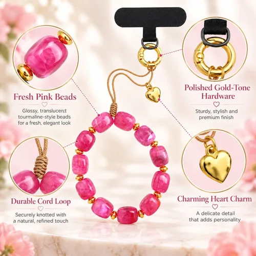 Vista 3 de Long tiantian Correa de pulsera para teléfono con cuentas y dije para A1: rosa intenso