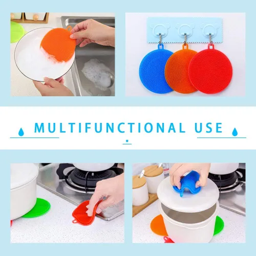 Vista 4 de Paquete de 3 bolsas de papas para microondas, con 3 cepillos de silicona para limpiadores de verduras, bolsa de papas horneadas reutilizable y Azul