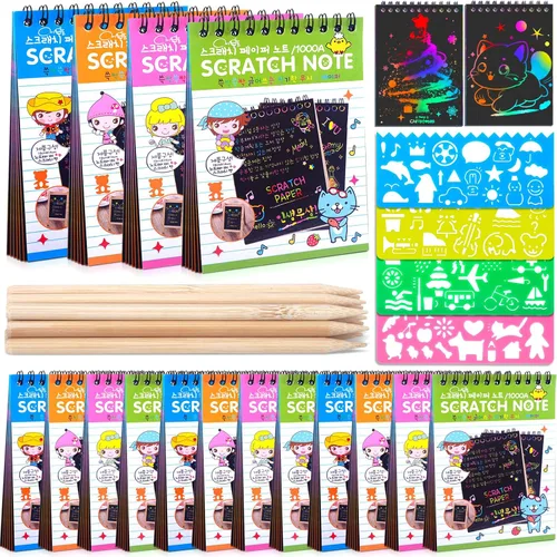 Vista 8 de Paquete de 4 cuadernos de dibujo Scratch Arts para niños, juego de papel de dibujo grande de arco iris para suministros de arte para niños