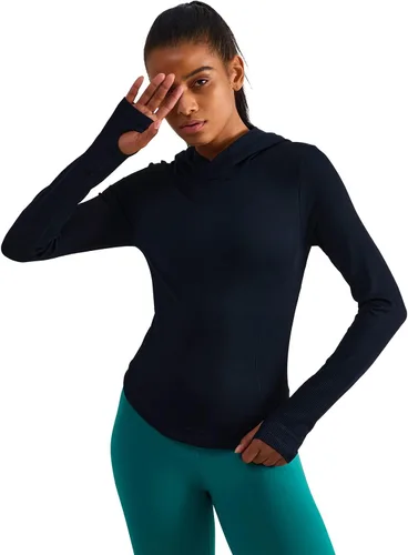 Vista 5 de Camisetas deportivas de manga larga con capucha para mujer camisetas de entrenamiento y yoga con agujeros para el pulgar ajuste delgado