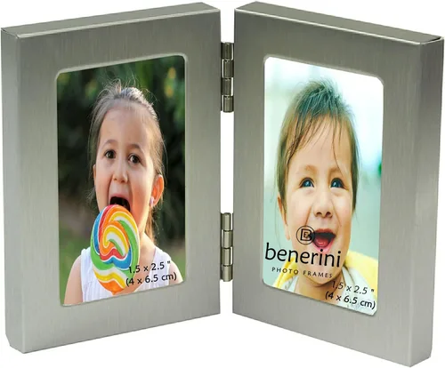 Vista 9 de benerini Marco de fotos plegable doble de aluminio cepillado de color plateado satinado para 2 fotos, incluye 2 fotografías estándar de 6 x 4