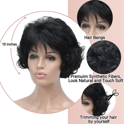 Vista 3 de Kalyss Peluca Corta Rizada Ondulada de 10" con Flequillo de Cabello Sintético Premium Resistente al Calor Pelucas Cortas con Aspecto de los Años 70
