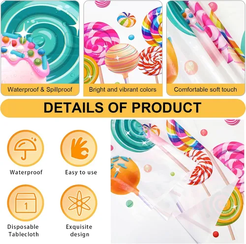 Vista 3 de PHOGARY Sweet Candyland - Mantel de plástico con temática de caramelos, dos manteles de cumpleaños de dulces manteles coloridos de piruletas