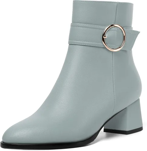 Vista 18 de MERRORI Botas altas de tacón bajo mate mate con cremallera y punta redonda para mujer, 2 pulgadas Beige