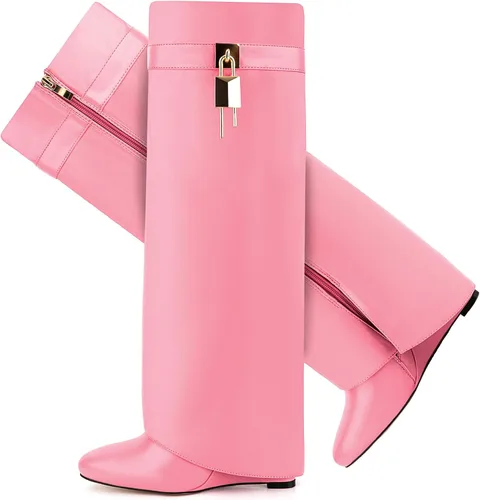 Vista 13 de Botas plegables puntiagudas con tacón de cuña para mujer, botas hasta la rodilla con diseño de candado y cremallera lateral Beige