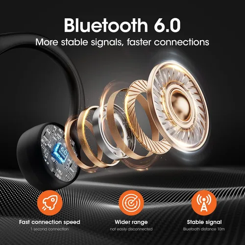 Vista 5 de Auriculares de conducción ósea, auriculares inalámbricos Bluetooth 6.0 con micrófono, IP56 impermeables para correr, 10 horas de reproducción