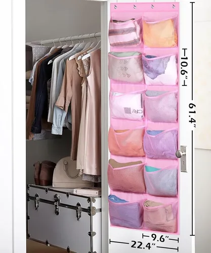 Vista 5 de KIMBORA 12 bolsillos grandes de malla sobre la puerta, organizador de zapatos para armario, zapatero colgante para puerta, zapatillas, Rosa