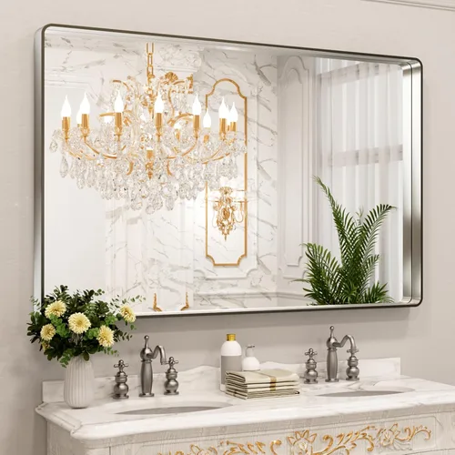 Vista 51 de LOAAO 20x16 Pulgadas Espejo de Baño con Marco de Metal Negro para Pared, Espejo de Tocador de Baño de Estilo Granja, Espejo Grande Rectangular