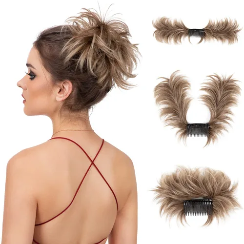 Vista 36 de Peine de moño desordenado con clip lateral para mujer, corto, natural, lacio, versátil, ajustable, fácil de peinar, (rubio ceniza-C)