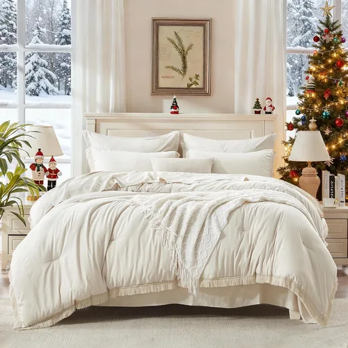 Vista 4 de Andency Juego de ropa de cama con edredón tamaño matrimonial beige con sábanas - 7 piezas, estilo bohemio con borlas, ropa de cama ligera en una 01