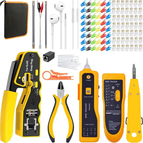 Vista 8 de LEATBUY - Herramienta de crimpado CAT5 CAT6, kit de herramienta de crimpado RJ45, 50 conectores RJ45 LAN Ethernet, 50 cubiertas, probador de cables