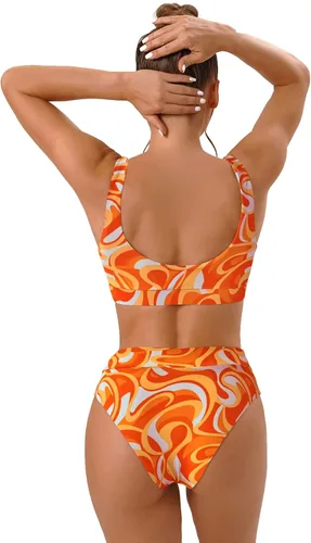 Vista 4 de MIKETAI Traje de baño de dos piezas con cuello redondo y cintura alta para mujer