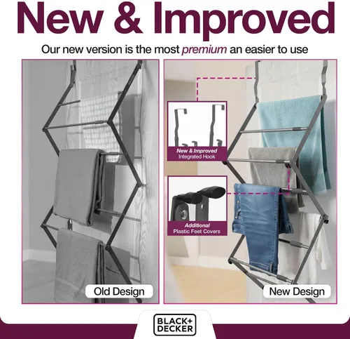 Vista 3 de BLACK+DECKER Estante de secado telescópico extensible sobre la puerta, organizador de ropa, colgador de toallas, lavandería, plegable, gris