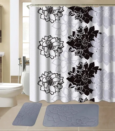 Vista 2 de All American Collection - Juego de 15 piezas de tapetes de baño de espuma viscoelástica con cortina de ducha a juego