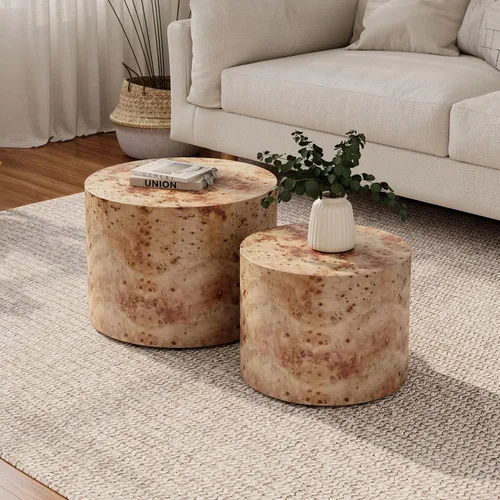 Vista 18 de Juego de 2 mesas de centro anidadas, modernas mesas de centro redondas de madera, mesa auxiliar decorativa para espacios pequeños, sala de estar