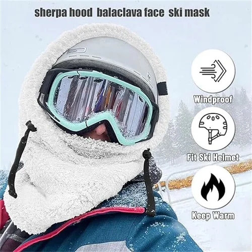 Vista 2 de Capucha de sherpa, gorro de sherpa, máscara de invierno resistente al viento, cubierta de cara cálida, bufanda de gorro, máscara de esquí