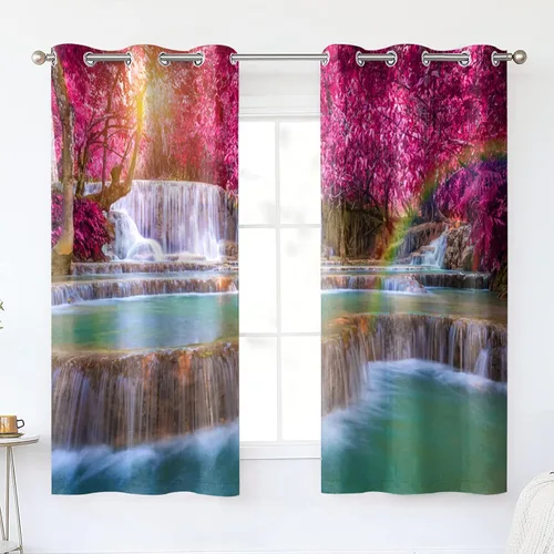 Vista 9 de Renaiss Cortinas opacas con cascada, diseño de bosque profundo, con aislamiento térmico, para dormitorio, árboles, estanques, piedras, para sala