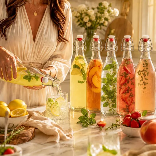Vista 2 de Botellas de vidrio con tapa abatible [1 litro / 33 onzas líquidas] [Paquete de 4] - Botellas de coquito con tapa abatible para kombucha