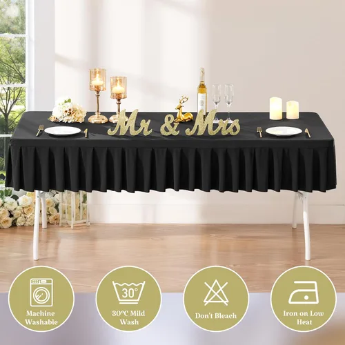 Vista 4 de Mantel de elastano negro para mesas rectangulares de 4 pies, mantel elástico ajustable con falda plisada con volantes para mesa de 48 x 24 pulgadas