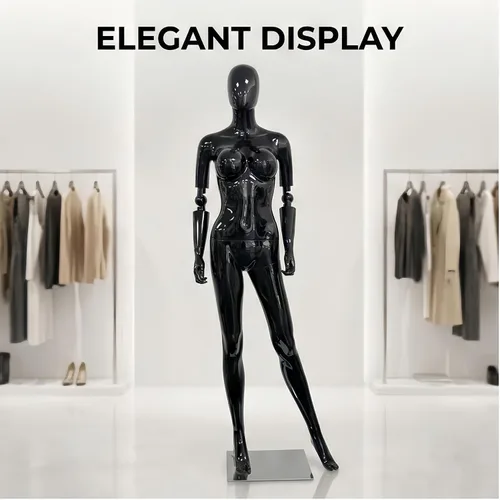 Vista 9 de Maniquí femenino negro brillante de 70 pulgadas con brazos ajustables, forma de vestido de cuerpo completo con base de metal para exhibición