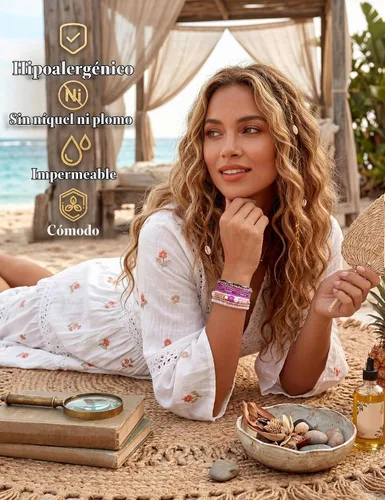Vista 2 de LOYALLOOK Juego de 6 pulseras de cuentas apilables bohemias para mujer, estilo bohemio, elásticas, de varias capas, estilo bohemio