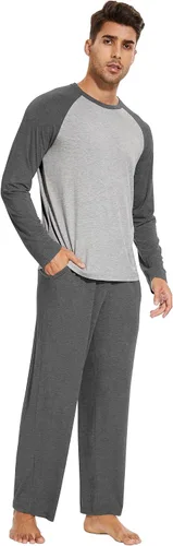 Vista 2 de WiWi Conjunto de pijama de bambú de manga larga para hombre, ropa de dormir de punto cómoda de 2 piezas, conjuntos de ropa de descanso