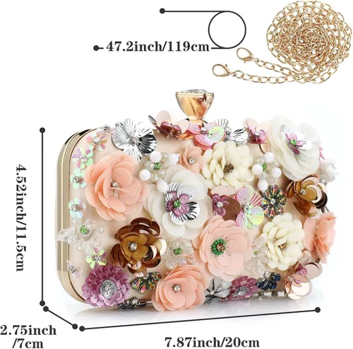 Vista 6 de Bolso de mano de noche floral para mujer con diamantes de imitación de metal con flores para mujer, boda, graduación, fiesta, lentejuelas 3D, bolso