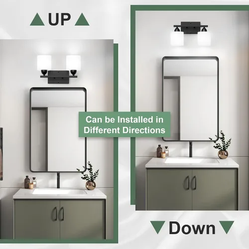 Vista 4 de Luces de baño negras sobre espejo, lámpara de tocador anti-óxido para baño, moderna lámpara de pared de 2 luces para sala de estar, base estándar