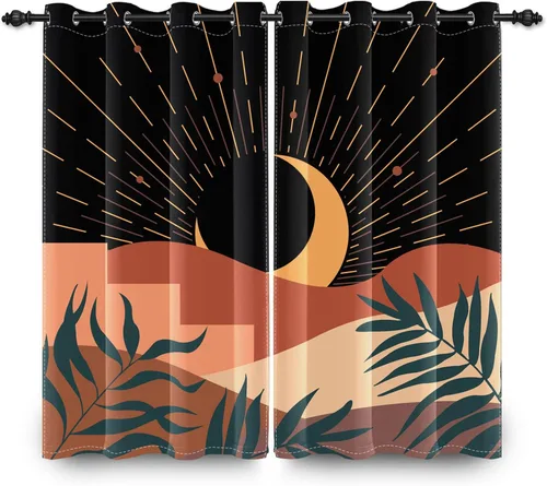 Vista 4 de Cortinas abstractas bohemias para ventana, estética de mediados de siglo, hojas de luna de montaña, para oscurecer la habitación, cortina con ojales