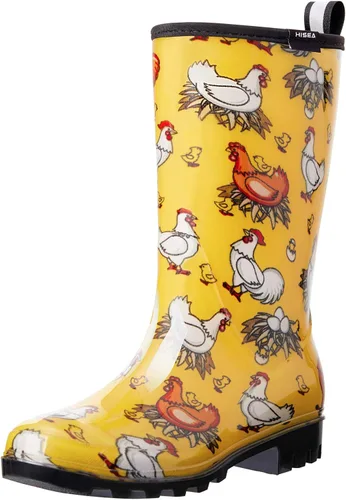Vista 11 de HISEA - Botas de lluvia para mujer, impermeables, a media pantorrilla, botas de jardín para mujer Abeja azul