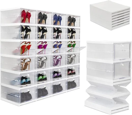 Vista 9 de Wondersome Organizador plegable para zapatos, 12 compartimentos, contenedores de almacenamiento de puertas transparentes, zapatos plegables, botas