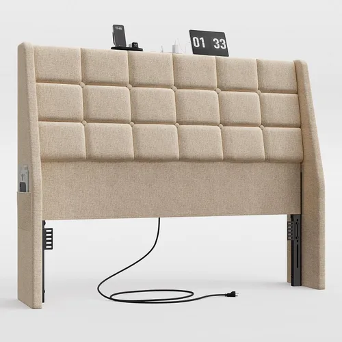 Vista 8 de Cabecera ergonómica tapizada de tamaño completo con estación de carga, cabeceros wingback de lino con bolsillo de almacenamiento, solo cabecero
