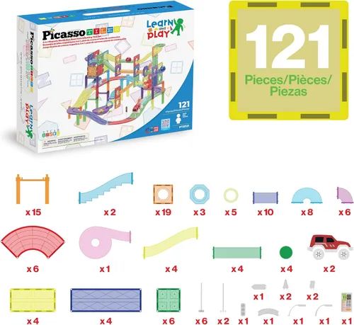 Vista 3 de PicassoTiles Juego de 121 azulejos magnéticos de pista de carreras de mármol 3 en 1, juego de construcción de carreras de automóviles, aprendizaje