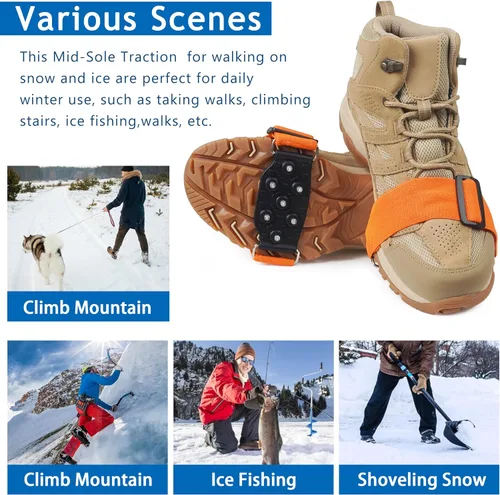 Vista 7 de Tacos de hielo de suela media para zapatos y botas, crampón antideslizante con 7 tacos de tungsteno, correas ajustables para un agarre seguro