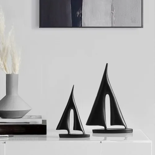 Vista 4 de Estatuilla de velero de resina blanca y negra para decoración del hogar, moderna y simple, estatua de barco, regalo, escultura decorativa de barco