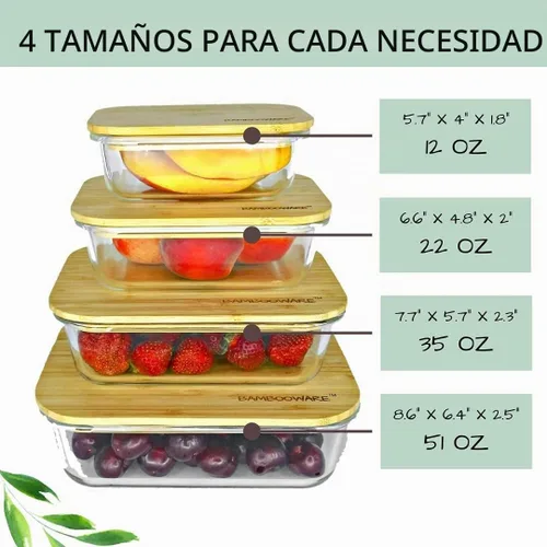 Vista 5 de Bambooware Recipientes de vidrio con tapas Juego de cristalería no plástica – Tapas de bambú de madera orgánica natural Juego de 4