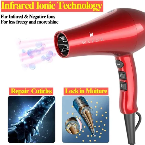Vista 2 de Wazor Secador de pelo infrarrojo ligero con difusor 1875 W profesional negativo iónico secador de pelo potente de cerámica con concentrador, nariz