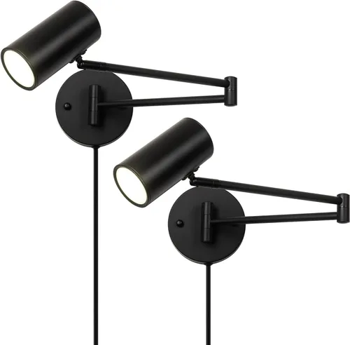 Vista 14 de Juego de 2 apliques de pared modernos con brazo oscilante para enchufar, luces de pared negras giratorias con cable de encendido/apagado