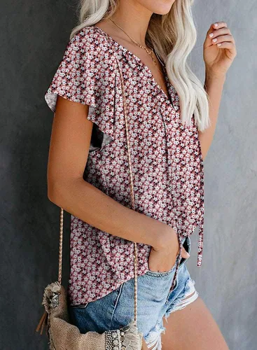 Vista 2 de SimpleFun Blusa de verano de manga corta con cuello en V floral para mujer
