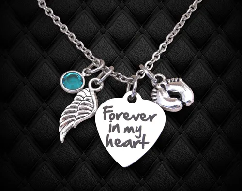 Vista 3 de Miscarriage "Forever In My Heart" Necklace with Angel Wing, Baby Feet & Birthstone, Child Loss Memorial, Miscarriage Jewelry - Loss of Child